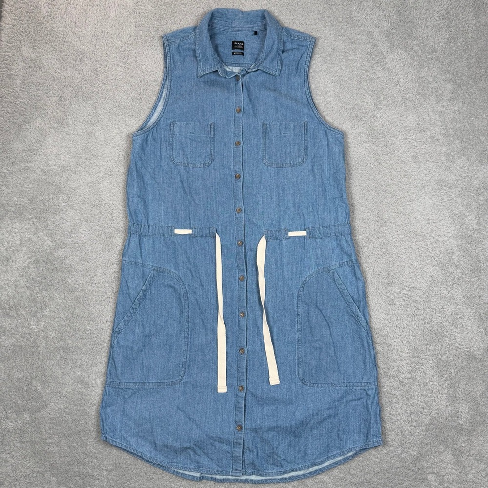 prAna Womens Blue Organic Cotton Sleeveless Denim Button Front Shirt Dress M EUC